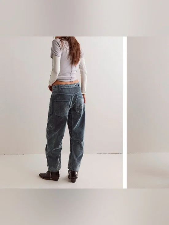 NWOT Free People We The Free Moxie Flocked Pull-On Barrel Jeans green blue 31 IR - Picture 4 of 13